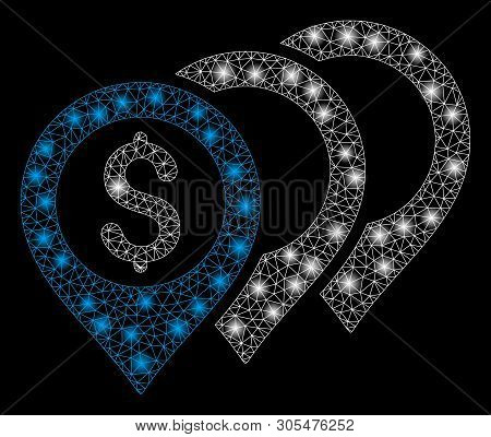 Bright Mesh Dollar Map Pointers With Glare Effect. Abstract Illuminated Model Of Dollar Map Pointers