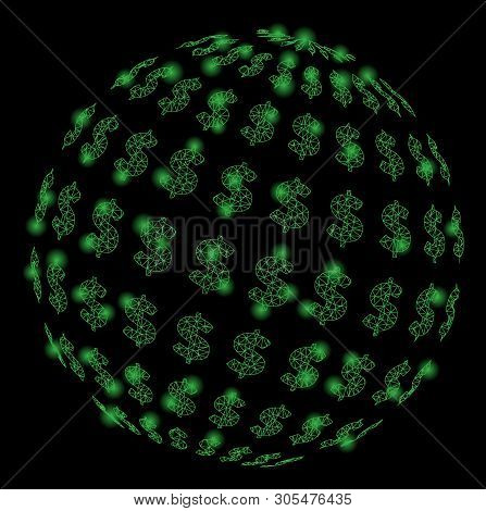 Bright Mesh Dollar Abstract Sphere With Lightspot Effect. Abstract Illuminated Model Of Dollar Abstr