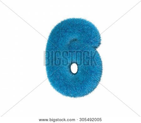 Cute Blue Wooly Alphabet Isolated On White - Number 6, Childhood Concept 3d Illustration Of Symbols