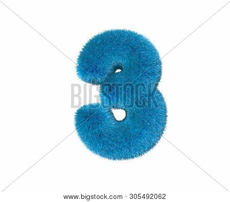 Number 3 Of Blue Amusing Wooly Alphabet Isolated On White Background, Kids Concept 3d Illustration O