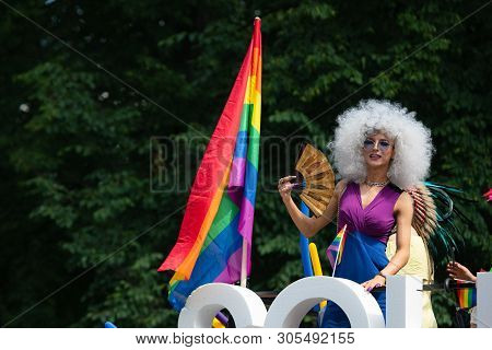 Vilnius, Lithuania - June 8Th, 2019: Soho Bus With Drag Queens At Baltic Pride Event, Men Dressed As