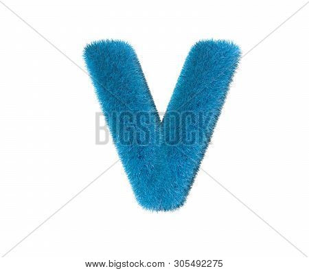 Letter V Of Blue Nice Wool Font Isolated On White Background, Kids Concept 3d Illustration Of Symbol