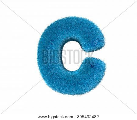 Letter C Of Blue Cute Hirs Alphabet Isolated On White Background, Kids Concept 3d Illustration Of Sy