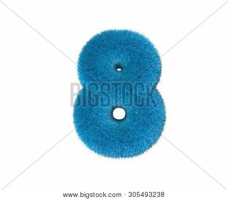 Number 8 Of Blue Comical Furry Font Isolated On White Background, Kids Concept 3d Illustration Of Sy