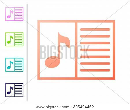 Coral Music Book With Note Icon Isolated On White Background. Music Sheet With Note Stave. Notebook 