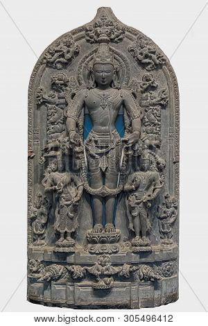 Archaeological Sculpture Of Vishnu From Indian Mythology Of Twelfth Century, Basalt, Sarisadaha, Wes