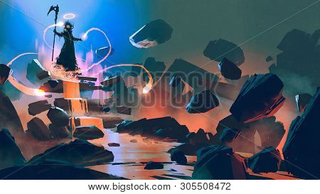 The Death Floating With His Magic In Hell, Digital Art Style, Illustration Painting
