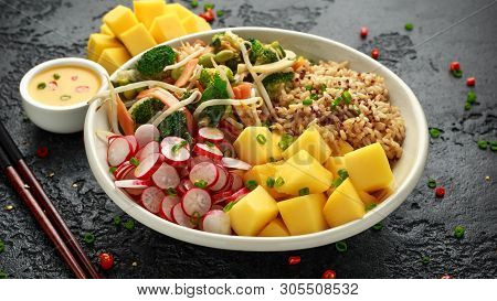 Asian Style Vegan Salad Bowl With Edamame, Vegetable Stir-fry Mix, Wholegrain Rice, Quinoa, Mango Ch