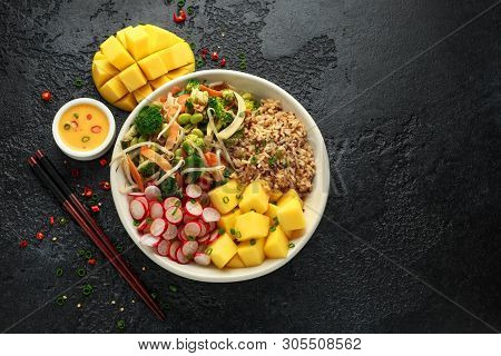 Asian Style Vegan Salad Bowl With Edamame, Vegetable Stir-fry Mix, Wholegrain Rice, Quinoa, Mango Ch