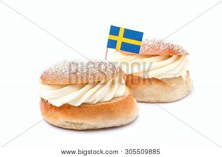 Traditional Swedish Dessert Semla, Also Called Shrove Bun, With Almond Paste And Whipped Cream Filli
