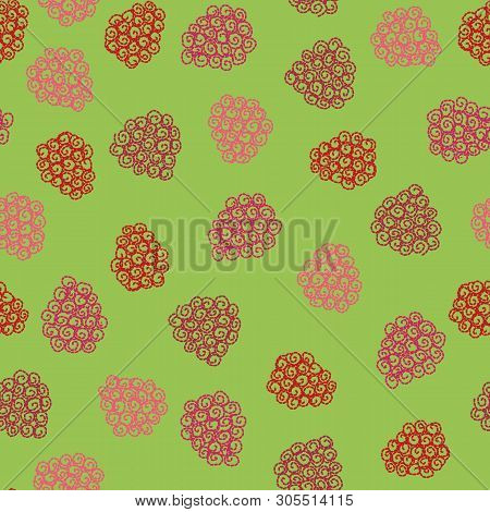 Seamless Vector Pattern With Embroidered Raspberries On Green Background. Surface Pattern Design.