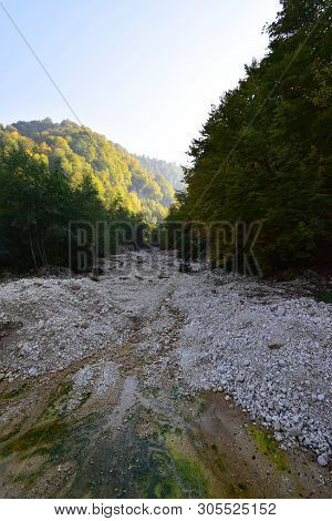 View Of The Evening Stone Mountain River With Stones In The Cherek Gorge In The Mountains Of The Nor