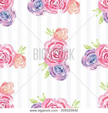 Hand-painted Watercolor Floral Rose Pattern. Illustration Of Decorative Floral Design For Wedding In