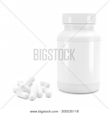 3d White Can With Vitamins. Bottle With White Pills. 3d Model, 3d Render, 3d Model, 3d Illustration