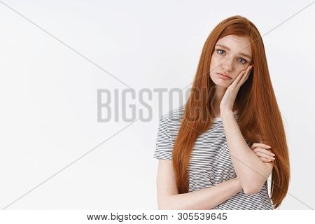 Unhappy Moody Sad Redhead Girlfriend Blue Eyes Lean Palm Tilting Head Upset Grieving, Standing Frust