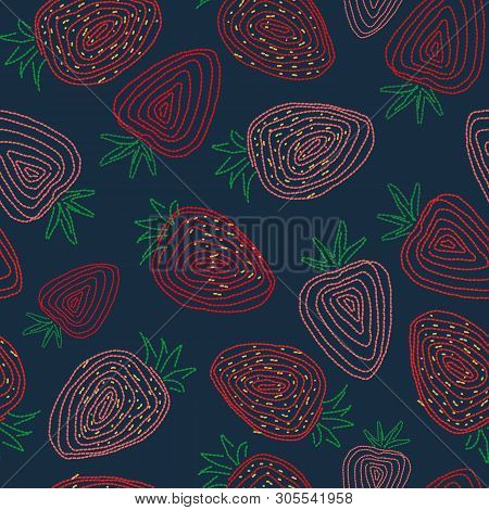 Seamless Vector Pattern With Embroided Strawberries On Dark Teal Background. Surface Print Design.