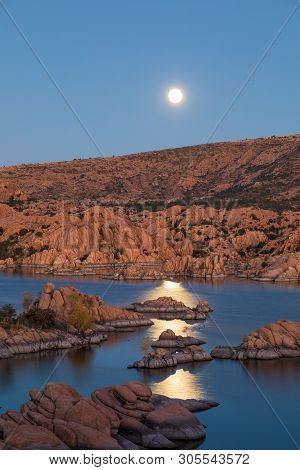 The Full Moon Rising Over Scenic Watson Lake Prescott Arizona