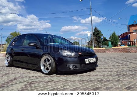 Moscow, Russia - June 04, 2019:  Tuned And Understated Volkswagen Golf 6 Black. Air Suspension And C