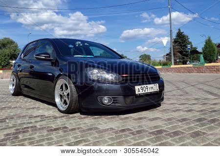 Moscow, Russia - June 04, 2019:  Tuned And Understated Volkswagen Golf 6 Black. Air Suspension And C