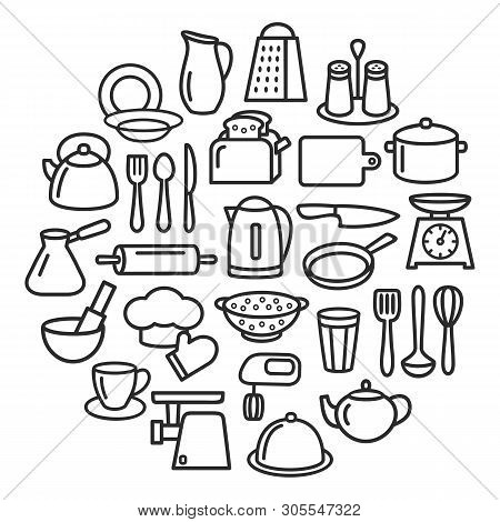 Cooking Set In Circle Template Of Modern Thin Line Icons Home Tableware, Household And Kitchen Utens