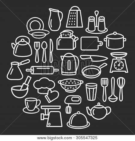Cooking Set In Circle Template Of Modern Thin Line Icons Home Tableware, Household And Kitchen Utens