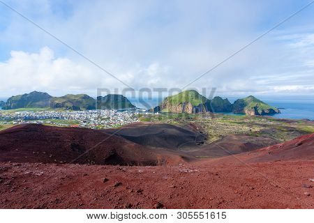 Heimaey Town Aerial View From Eldfell Volcano. Iceland Landscape. Westman Islands