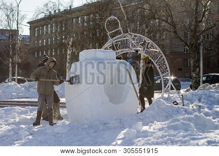 Petrozavodsk, Russia - 13 February 2019. People Create Snow Sculptures