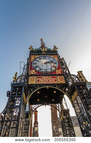 The Eastgate Clock, Victorian Clock In Chester, England, Portrait, Against Blue Sky, Wide Angle