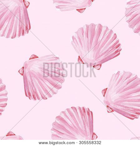 Gouache Seamless Uniform Beach Pearl Pink Seashells On Pink Background
