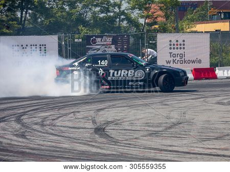 Cracow, Poland - May 18, 2019: Drift Car In Action  At 5th Edition Of Moto Show In Cracow. Poland.
