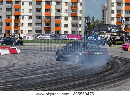 Cracow, Poland - May 18, 2019: Drift Car In Action  At 5th Edition Of Moto Show In Cracow. Poland.