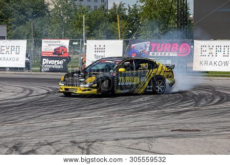 Cracow, Poland - May 18, 2019: Drift Car In Action  At 5th Edition Of Moto Show In Cracow. Poland.