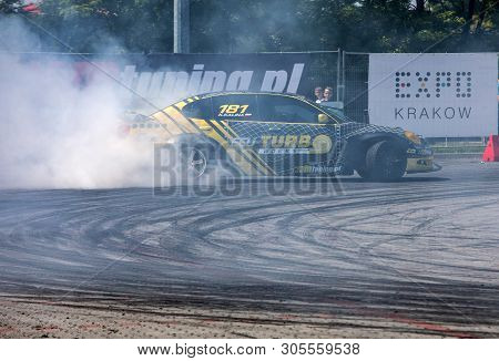 Cracow, Poland - May 18, 2019: Drift Car In Action  At 5th Edition Of Moto Show In Cracow. Poland.