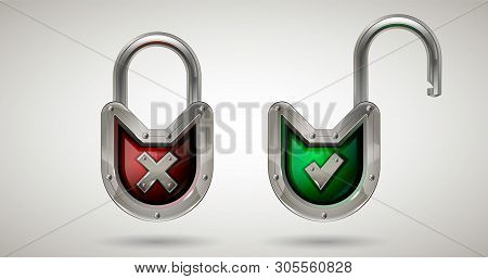 Metal Security Locked And Unlocked Padlock With Check Mark And Cross. Realistic Style. Isolated Back