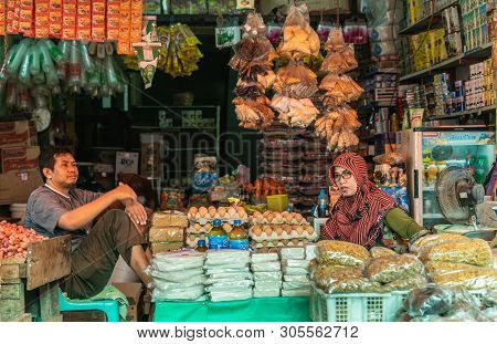 Makassar, Sulawesi, Indonesia - February 28, 2019: Terong Street Market. Closeup Of Well-stocked Gro