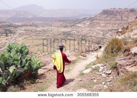 Monk In Tigray Region, Ethiopia, With Vast Landscape