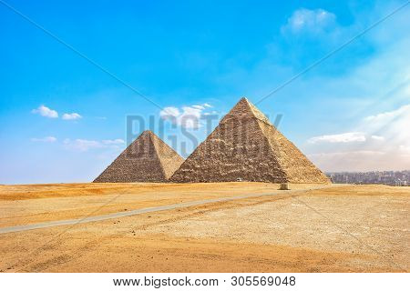 Khafre And Cheops Pyramids In Desert Of Giza At Summer Day, Cairo