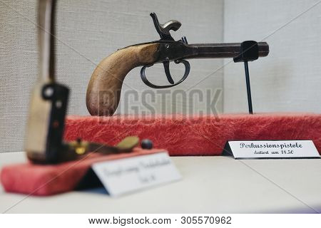 Vianden, Luxembourg - May 18, 2019: Old Percussion Pistol Inside Vianden Castle, Luxembourg, One Of 