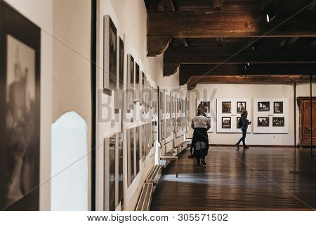 Vianden, Luxembourg - May 18, 2019: People Looking At Exhibits Inside Vianden Castle, Luxembourg, On