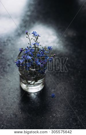 Spring Blue Forget-me-nots Flowers, Spring Concept, Selective Focus. A Beautiful Bouquet Of Blue Flo