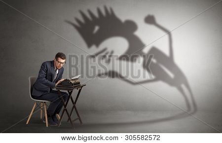 Man working hard and he is afraid of a yelling shadow
