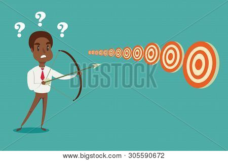 Black African American Businessman With Bow And Arrow Look At Multiple Targets. Cannot Decide Which 