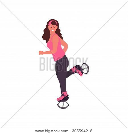 Kangoo Jumps. Young Girl Jumping On Kangoo Training. Aerobic Exercises. Vector Illustration