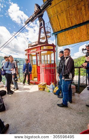 Khulo, Georgia - May 8, 2017. Old School Funicular Public Transportation Over Valley. Asia, Post-sov