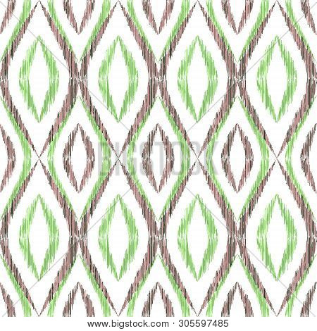 Ikat Ogee Seamless Vector Pattern Illustration. Ethnic Fabric Print Geometric Ikat Pattern. Wavy Oge