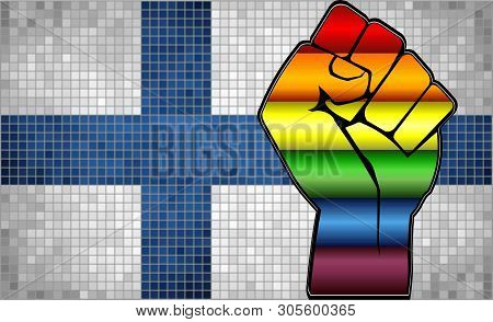 Shiny Lgbt Protest Fist On A Finland Flag - Illustration, 
Abstract Mosaic Finland And Gay Flags