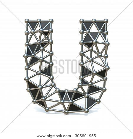 Wire Low Poly Black Metal Font Letter U 3d Render Illustration Isolated On White Background