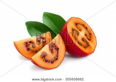 Fresh Tamarillo Fruit With Leaves Isolated On White Background