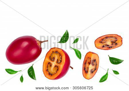 Fresh Tamarillo Fruit With Leaves Isolated On White Background With Copy Space For Your Text. Top Vi