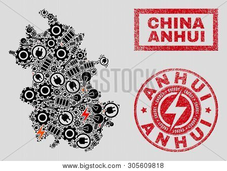 Composition Of Mosaic Power Supply Anhui Province Map And Grunge Seals. Collage Vector Anhui Provinc